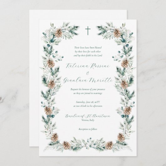Invitation Simple Elegant Winter Greenery Mariage chrétien (Devant / Derrière)