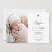 Invitation Simple élégante croix calligraphie photo Baptême (Devant)