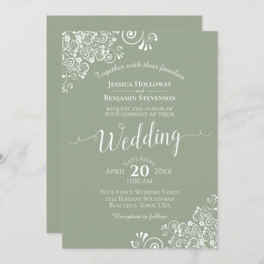 Invitation Simple élégante dentelle blanche sur Mariage vert  (Devant / Derrière)