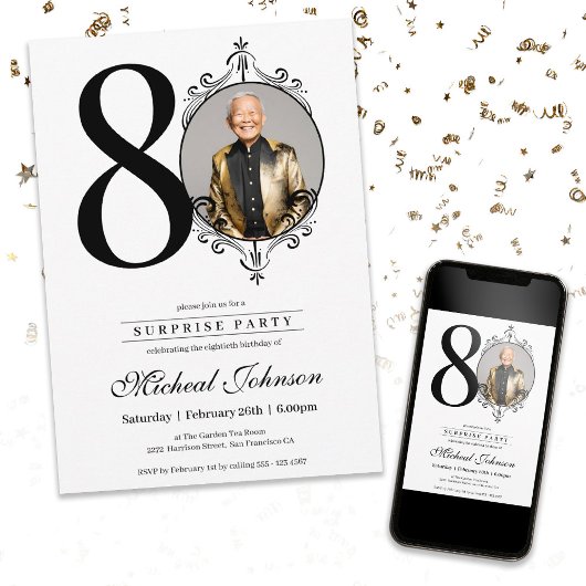 Invitation Simple élégante photo Surprise 80e fête d'annivers