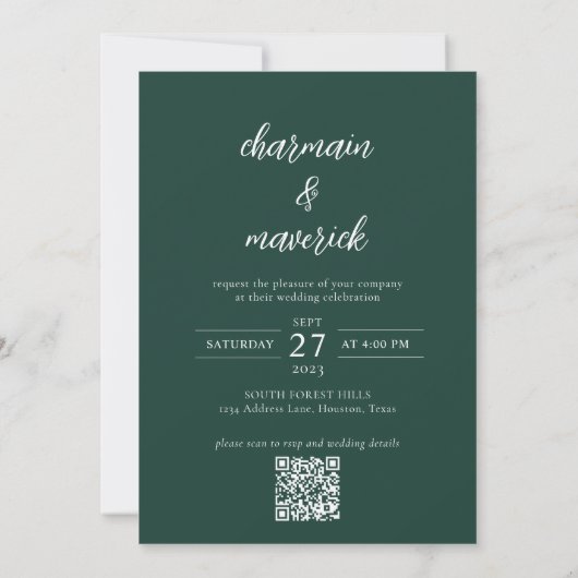 Invitation Simple Emerald Green Script Photo QR Code Mariage (Dos)