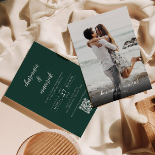 Invitation Simple Emerald Green Script Photo QR Code Mariage