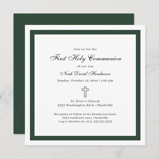 Invitation Simple Emerald Green White First Holy Communion (Devant / Derrière)