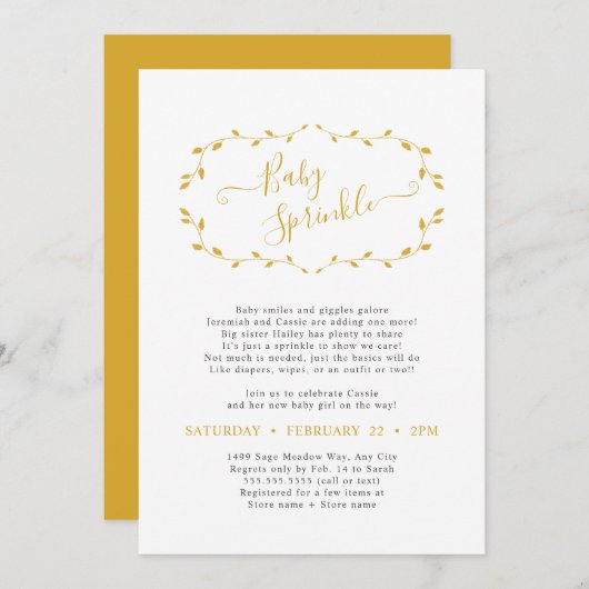 Invitation simple en moutarde botanique Baby Sprin (Devant / Derrière)