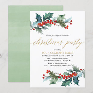 Invitation Simple entreprise fête de Noël verdure or rouge