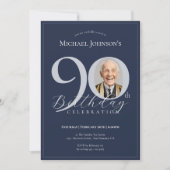Invitation Simple et élégant 90e anniversaire bleu marine arg (Devant)