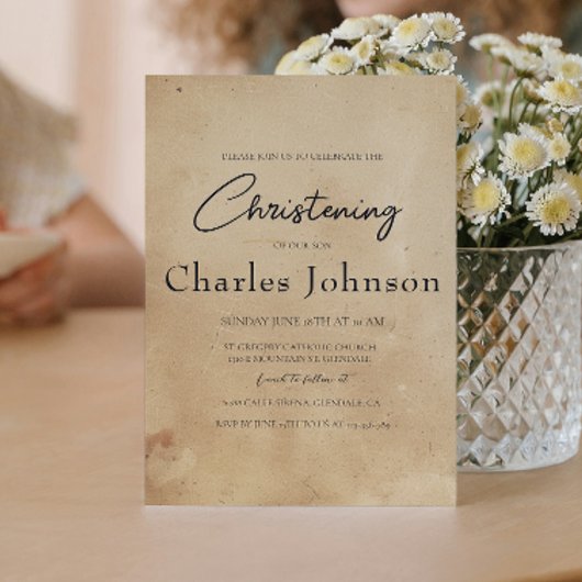 Invitation Simple et élégant Christening Rustique Son