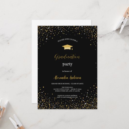 INVITATION SIMPLE ET ÉLÉGANT GOLD AND BLACK GRADUTY (Devant/Arrière en situation)