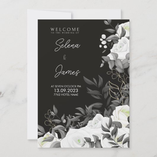 Invitation simple et élégant, mariage floral noir et blanc (Devant)