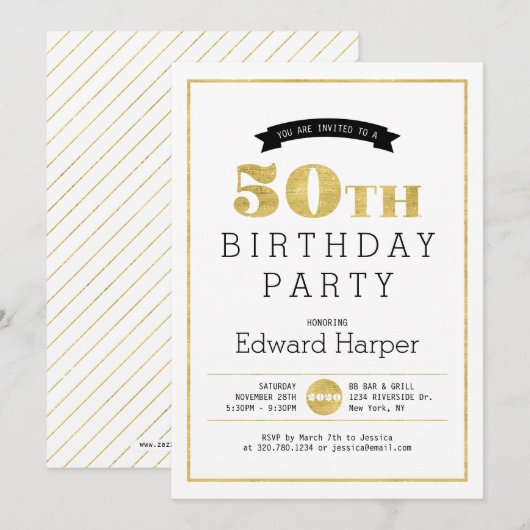 Invitation simple et moderne en or pour les 50 ans (Devant / Derrière)
