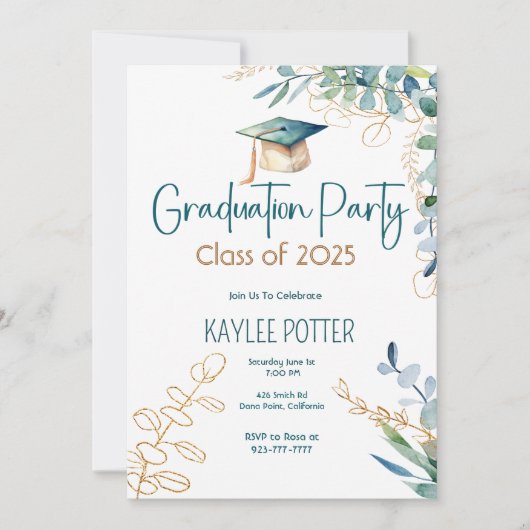Invitation simple Eucalyptus et Gold Graduation Pa (Devant)