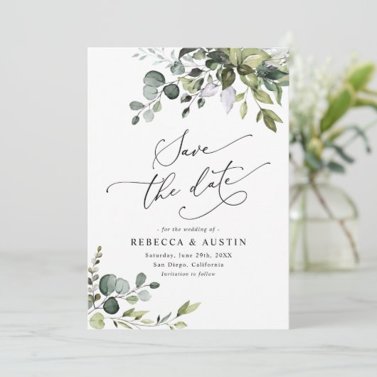 Invitation Simple Eucalyptus Feuille verdure Enregistrer la d (Debout devant)