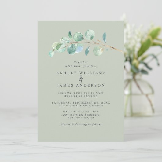 Invitation Simple Eucalyptus Foliage Pastel Mariage vert (Debout devant)