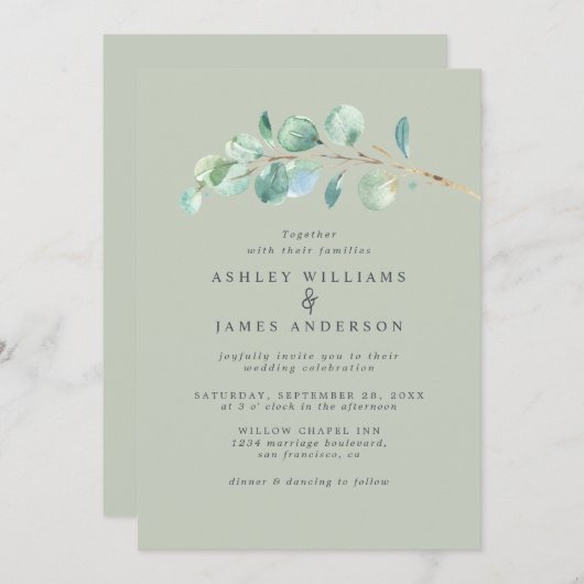 Invitation Simple Eucalyptus Foliage Pastel Mariage vert (Devant / Derrière)