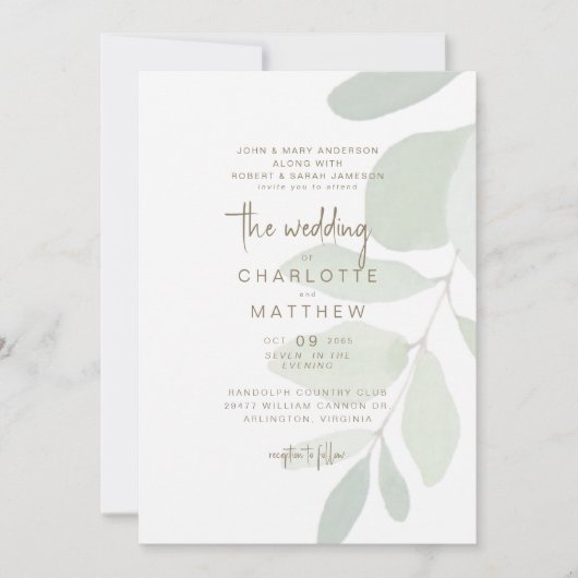 Invitation Simple Eucalyptus Les deux parents Gold Texte Mari (Devant)
