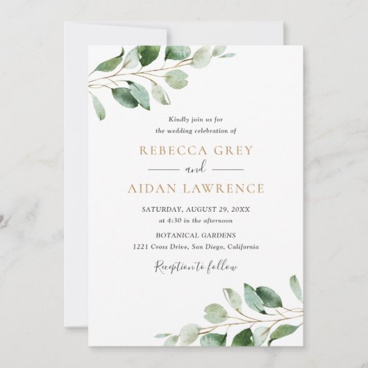 Invitation Simple Eucalyptus Mariage or deux en un (Devant)