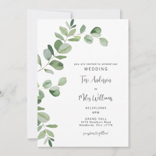 Invitation Simple Eucalyptus Moderne Sans Parents (Devant)