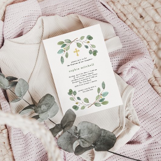 Invitation Simple Eucalyptus Verdure et Croix d'or Baptême