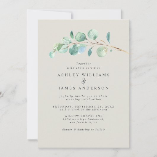 Invitation Simple Eucalyptus vert Folift Mariage gris clair (Devant)
