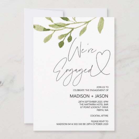 Invitation Simple Eucalyptus Vert Nous sommes Fiançailles eng (Devant)