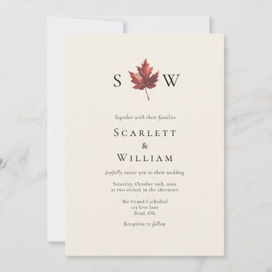 Invitation Simple Fall Leaf Cream Monogram Mariage photo (Devant)