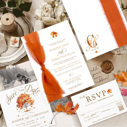 Invitation Simple Fall Leaves Modern Autumn Ribbon Wedding