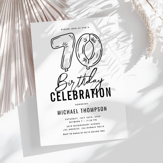 Invitation Simple Fête d'anniversaire 70 ans Noir & Blanc