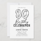 Invitation Simple Fête d'anniversaire 80 ans Noir & Blanc (Devant)