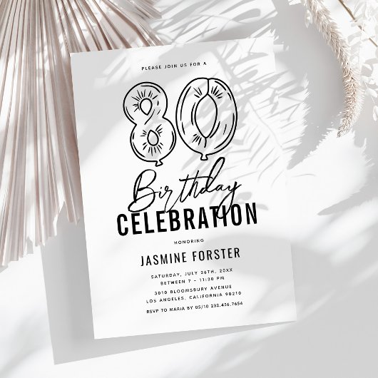 Invitation Simple Fête d'anniversaire 80 ans Noir & Blanc