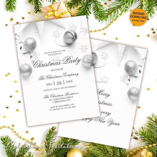 Invitation Simple fête de Noël d'entreprise blanche et argent
