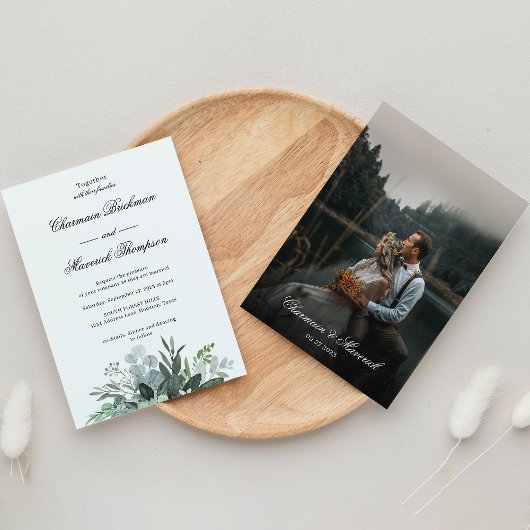 Invitation Simple feuille de verdure photo noir blanc Mariage
