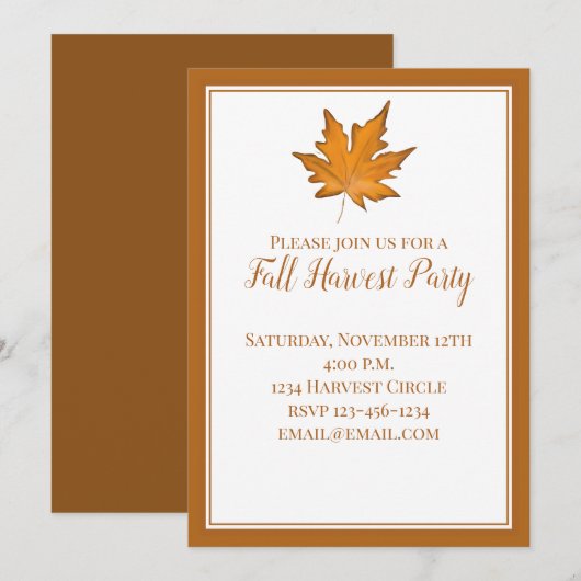 Invitation Simple feuille d'érable brun automne (Devant / Derrière)