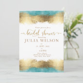 Invitation Simple feuille d'or aqua bleu bordure douche nupti (Debout devant)