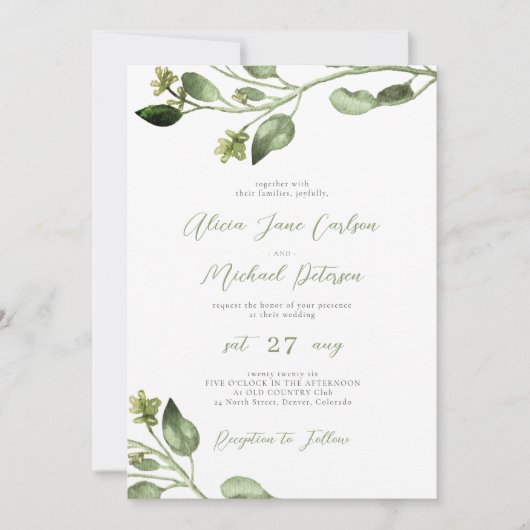 Invitation Simple feuille élégant  script mariage (Devant)