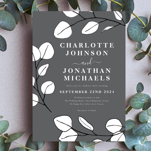 Invitation Simple Feuille Moderne Design Gris