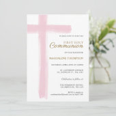 Invitation Simple Fille Croix Rose Première Communion (Debout devant)