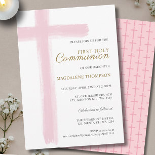 Invitation Simple Fille Croix Rose Première Communion