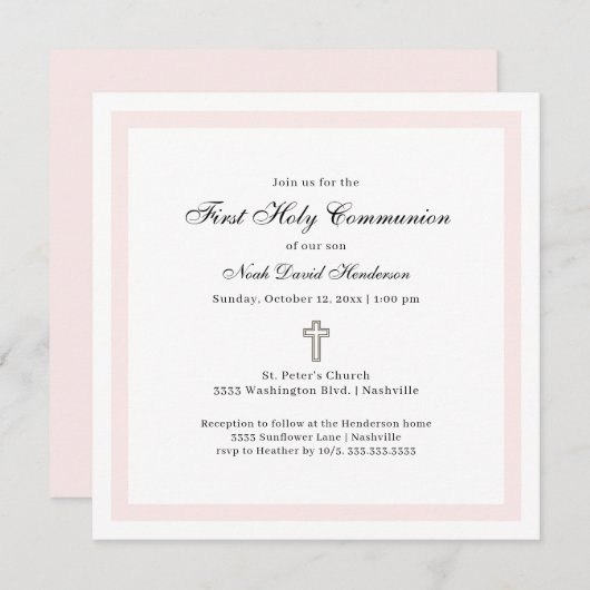 Invitation Simple First Holy Communion Pink White (Devant / Derrière)