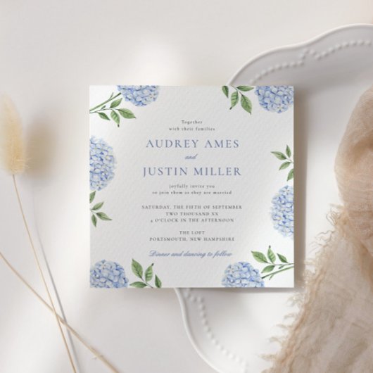 Invitation Simple Fleur d'Hydrange Bleue Carrée de Mariage