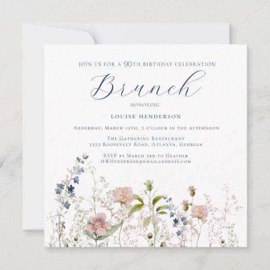 Invitation Simple Fleur sauvage bleu 90e anniversaire Brunch (Devant)