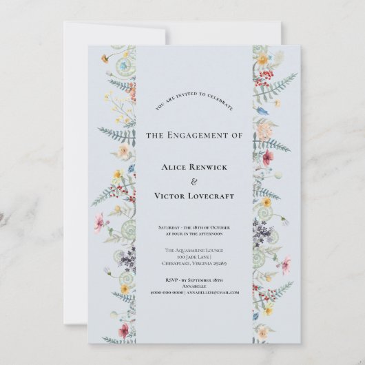 Invitation Simple Fleur sauvage Fern Dusty Blue Engagement Pa (Devant)