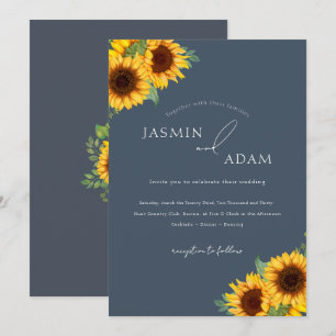 Invitation Simple Fleurs de Tournesol Mariage Bleu Ardoise