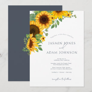 Invitation Simple Fleurs de Tournesol Mariage Bleu Ardoise