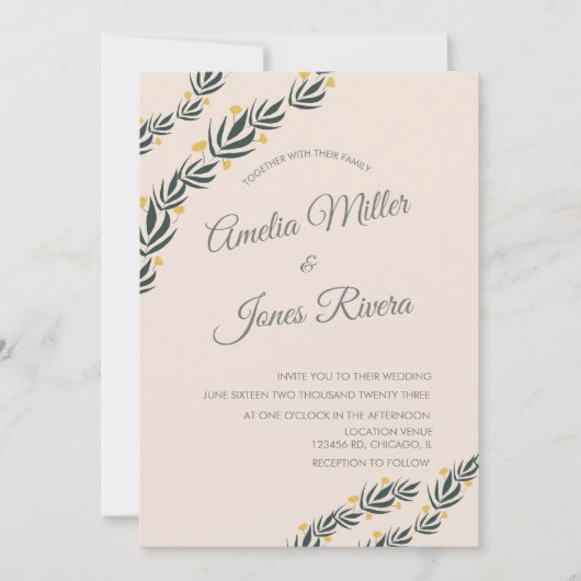 Invitation Simple Fleurs De Verdure Jaune Fleur Mariage  (Devant)