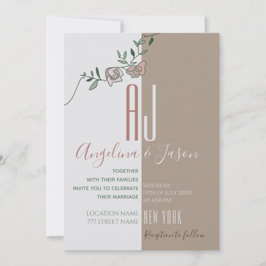 Invitation Simple Floral Blush Rose Vert Terre Cuite Mariage (Devant)