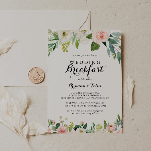 Invitation Simple Floral Green Calligraphy Mariage Petit déje