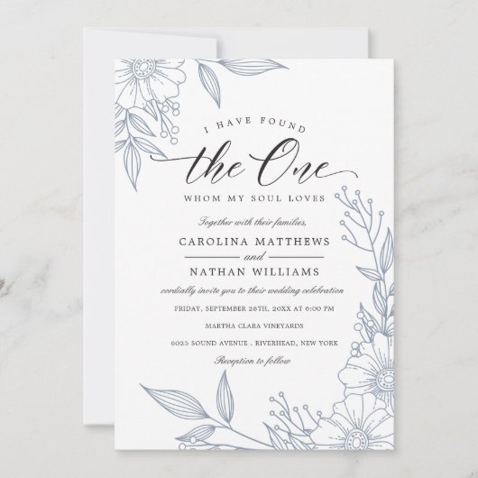 Invitation Simple Floral J'Ai Trouvé Celui | Mariage bleu (Devant)