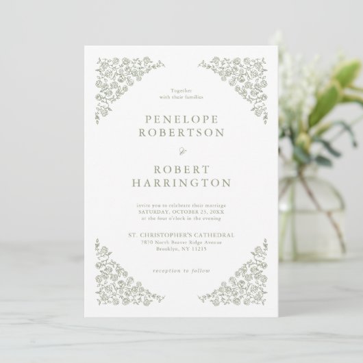 Invitation Simple Floral tout en un détail Mariage vert Sage (Debout devant)