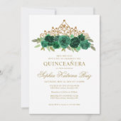 Invitation Simple Floral Vert Emeraude Or Couronne Quinceañer (Devant)