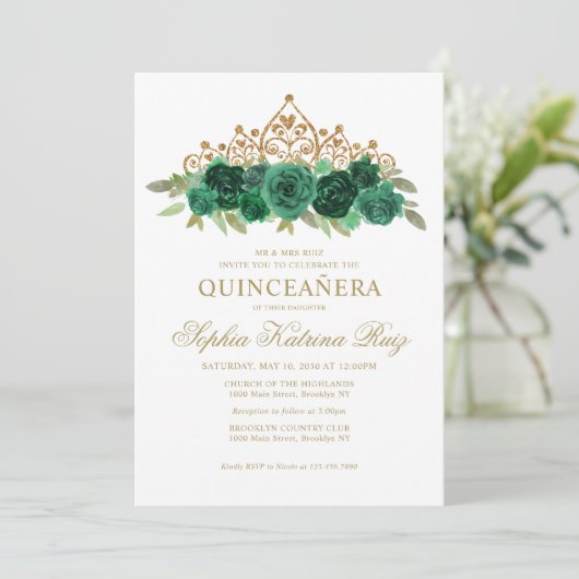 Invitation Simple Floral Vert Emeraude Or Couronne Quinceañer (Debout devant)